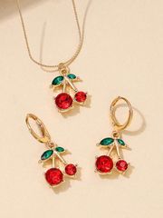 Ladies' Jewelry Set of 3: Delicate Metal Cute Red Cherry Necklace & Earrings Set, Perfect for Everyday Wear and Gifts.