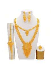 Ladies' Jewelry Set: Dubai Gold Jewelry Set, African Bride Wedding Jewelry Set, Nigerian Necklace, Bracelet, Earrings, Ring Jewelry