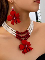 Ladies' Jewelry Set - 3-Piece Set: Red Flower 3-Layer Necklace & Earrings Set, Bohemian Vintage Elegant Fashion Accessories, Suitable for Gifts, Parties, Banquets, and Everyday Wear.