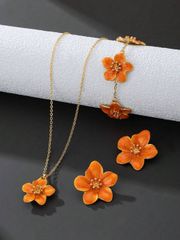 Women's Jewelry Foot Jewelry Set: 1 Piece, Summer Vacation, Vintage Style, Handmade, Dopamine Inspired, Orange 5-Petal Flower Pendant Necklace, 1 Pair of Earrings, 1 Bracelet, Mix and Match Women's Jewelry Set