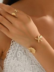 Women's Jewelry Set Summer Vacation Ocean Style Bracelet + Ring 2-Piece Jewelry Set, Vintage Bohemian Minimalist Geometric Starfish & Shell Unique Design, Adjustable Open Cuff Bracelet, Daily Wear, Holiday