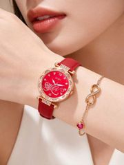 Ladies' Watch Set (2 pieces/1 set): Gorgeous fashion starfish Arabic numeral PU strap quartz watch and bracelet jewelry set, perfect for daily wear, birthdays, graduations, Thanksgiving, and romantic occasions.