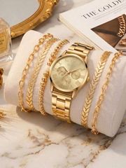 Ladies' Watch Set: Quartz Watch, Bracelet, and Jewelry Set (6 Pieces) - Elegant, Minimalist, Scale Design, Vintage Round - Perfect for Everyday Wear or Parties, Ideal Gift for Valentine's Day, Mother's Day, Anniversaries, and More.