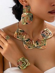 Ladies' Jewelry Set of 5: Vintage Elegant Printed Green Leaf, Hollow Geometric, Spiral Pattern - Fashion Jewelry Set for Parties, Banquets, and Everyday Wear