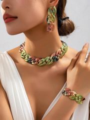 Women's Jewelry Set of 4: Vintage Style Elegant Green Leaf Print Big Chain Necklace, Bracelet, and Earrings. Suitable for the beach, parties, banquets, and everyday wear.