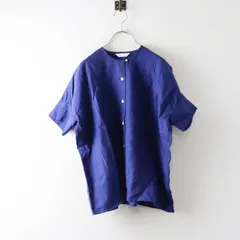 美品 2024SS ホームスパン homspun リネンバイオパフスリーブブラウス S＼ブルー ノーカラー シャツ【2400015069142】のサムネイル