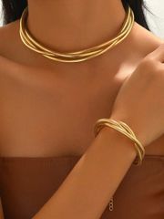 Women's Jewelry Set: 2-piece set including a fashionable minimalist snake bone chain bracelet and an elegant punk style necklace and bracelet, suitable for daily wear and parties.
