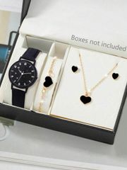 Ladies' Watch Set - Mother's Day Gift: A fashionable and elegant round quartz watch set, heart-shaped pendant necklace, earrings, ring, and bracelet jewelry set. Perfect for everyday wear, birthday gifts, graduation ceremonies, Thanksgiving, and romantic occasions.