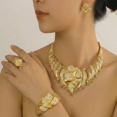 Women's Jewelry Set: Summer Western Jewelry, Gold Jewelry 4-Piece Set, Fashion Jewelry Set, Dubai/African Style, Choker Necklace, Earrings, Ring, Wedding Jewelry Set