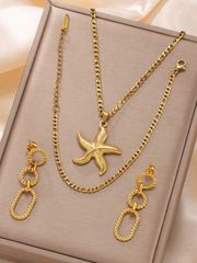 Women's Jewelry Set: Stainless Steel Starfish Pendant Necklace, Bracelet, and Earrings (4-piece set) - Perfect for Casual Layering, Mother's Day, Christmas, Thanksgiving, Halloween, Weddings, Parties, and Everyday Wear.
