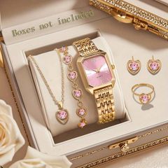 Ladies' Watch Set, Elegant Women's Watch Gift Set of 6, Fashionable Heart Jewelry Set, Palace Style Quartz Watch, Classic Vintage Rectangular, Comfortable Alloy Strap, Perfect Gift for Family and Friends, Celebration