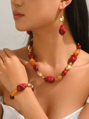 Women's Bohemian Style Resin Bead Jewelry Set (4 pieces) - Vintage Modern Red & Orange Stone-like Necklace, Earrings, Stretch Bracelet, Fashion Accessories