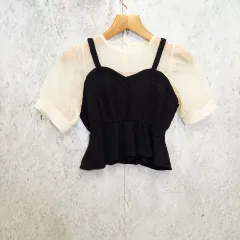 MAISON DE THERESE メゾンドテレーズ フェイクレイヤード パフスリーブシャツ ブラウスブラック ホワイト ◎_□〇のサムネイル