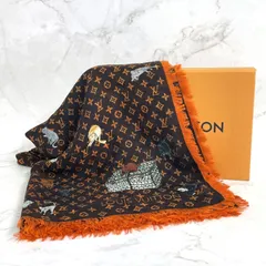 【猫たちが彩る、遊び心あふれるモノグラムストール/未使用品】LOUIS VUITTON ルイヴィトン キャットグラム モノグラム ストール スカーフ MP2265 ウール シルク ブラウン オレンジ アニマル柄 猫柄 犬柄 大判ストール 当店基準真贋確認済のサムネイル