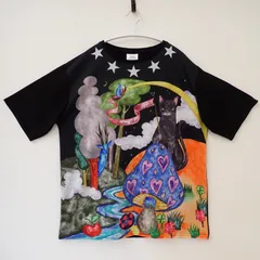 古着　ScoLar　スカラー　レディース半袖Tシャツ　ユニセックス　Mサイズ　黒色系　ブラック系　25th ANNIVERSARY メルヘンTシャツ　ネコイラスト　絵画Tシャツのサムネイル