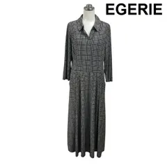 ◆ エジェリ EGERIE ワンピース ロング丈 七分袖 Vネック シャツカラー グレンチェック柄 Aライン フレア 黒 白 S 7号 レディース S6H777のサムネイル