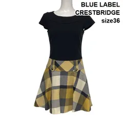 ◆ ブルーレーベルクレストブリッジ BLUE LABEL ミニワンピース 半袖 フレア 切替 チェック柄 黒 黄色 毛混 36 S 7号 レディース S6H800のサムネイル