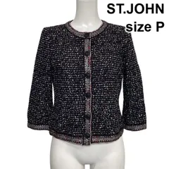 ◆ セントジョン ST.JOHN ノーカラージャケット 長袖 ミックスツイード 装飾ボタン ラメ 黒 マルチカラー 毛混 P S 7号 レディース S6H786のサムネイル