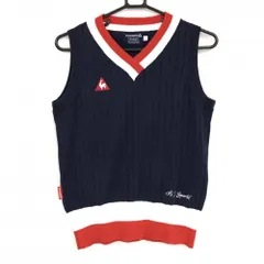【美品】ルコックゴルフ ニットベスト ネイビー×レッド ストライプ編み コットン混 レディース M ゴルフウェア le coq sportifのサムネイル