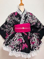 浴衣ドレス 大人用 姫ギャル 花 白 ピンク バラ フリルレース 黒 薔薇