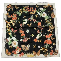 美品 Salvatore Ferragamo サルヴァトーレ・フェラガモ ハンカチ 花 蝶柄 ブラックのサムネイル