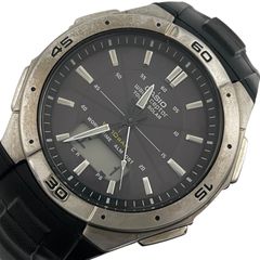 稼働/訳有　CASIO　カシオ　腕時計　電波ソーラー　ウェーブセプター　WVA-470　アナデジ　アナログ　デジタル　3針　ワールドタイム　ブラック文字盤　ラバーバンド【m75】