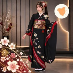 振袖セット リサイクル 成人式 正絹  黒 桜柄 5点セット 身丈 169.4cm  裄 70.2cm  ランクA 【S017】のサムネイル
