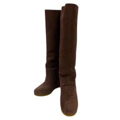 ナインウエスト NINE WEST ロング ブーツ ラウンドトゥ ウェッジソール 裏ボア スエード 無地 7M 240 24cm ブラウン 茶のサムネイル