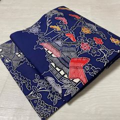 名古屋帯 帆かけ舟 白波 金糸 唐草文 単衣 夏用 藍色 正絹 - メルカリ