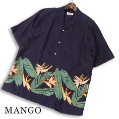 MANGO マンゴ 春夏★ レーヨン100% 半袖 ボタニカル柄 かりゆしウェア アロハ シャツ 日本製 Sz.M メンズ 紺のサムネイル