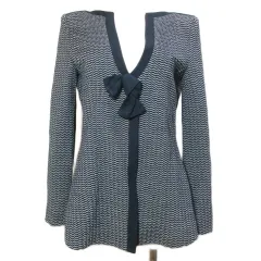 アルマーニ コレツィオーニ ARMANI COLLEZIONI ニットジャケット カーディガン 長袖 キーネック シェブロンストライプ リボン 日本サイズM相当 EU38 USA2 170/80A ネイビー ホワイト /Xのサムネイル