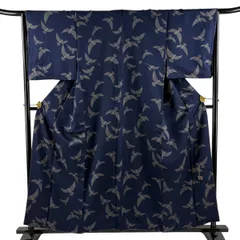 小紋 身丈157.5cm 裄丈65cm M 袷 斉藤三才 落款 鳥 紺色 正絹 名品 【中古】のサムネイル