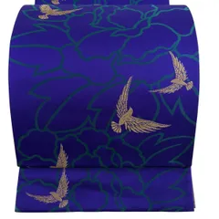 【美品】 袋帯 秀品 斉藤三才 落款 鳥 草花 金糸 青紫 六通 正絹 【中古】のサムネイル