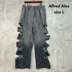 Alfred Alex アルフレッドアレックス L グレー デニム パンツ ジーンズ ワイド バギー カットアウト サイド ダメージ クラッシュ フリンジ スリット タック ジーパン 綿100% MONO-MART モノマート ★ ■◇ ■◆のサムネイル