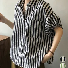 ストライプ半袖シャツレディース体型カバー 韓国風シャツブラウス ゆったりトップス 大人カジュアル羽織り春夏 通勤通学 薄手襟付きシャツ配色 着やせオフィスブラウス こなれ感夏服抜け感 大人可愛い華奢見え OL通勤トップス夏のサムネイル