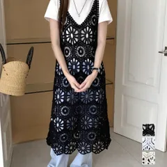 クロシェ編みキャミワンピースロングベスト かぎ針編みボヘミアンワンピース カットワーク刺しゅうワンピ 春夏秋服 透かし編みロングワンピ レイヤード Vネックワンピ リゾートワンピース 夏映えワンピ重ね着 かぎ編みニット夏服のサムネイル