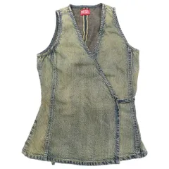良品 DIESEL ディーゼル DE-VERN デニム ベスト ジレ ストーンウォッシュ加工 ノースリーブ カットソー コットン M グレー ブルー レディース 古着 中古 USEDのサムネイル