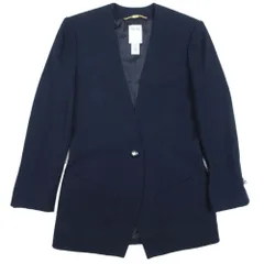 美品 CELINE セリーヌ 90s ヴィンテージ ノーカラージャケット シングルブレスト ブレザー アウター ジェーシーシー期 36 紺 ネイビー レディース 古着 中古 USEDのサムネイル