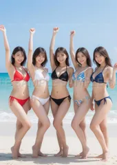 【AIアート】【海辺の楽園】水着美女5人組 ビーチで弾ける笑顔 夏の思い出に X92E2のサムネイル