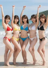 【AIアート】【海辺の楽園】ビキニ美女5人組！青い空と白い砂浜ではしゃぐ！ X92EFのサムネイル