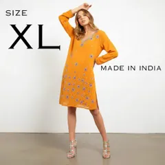 【インド製】インポート 豪華ビーズ刺繍 サイドスリット チュニック エスニック ドレスワンピース  民族衣装クルタ XL〜FREE  オレンジ 【古着】【中古】【送料無料】のサムネイル