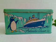 J167 昭和レトロ ブリキ缶 SMOKE STONE ペンギン 船舶 Antarctic Ocean 南極海 当時物 Vintage Japanese Showa Era Tin Can / Tin Box