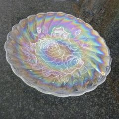 昭和レトロ】 ガラス大皿 レインボーローズ 薔薇 オーロラ 虹彩
