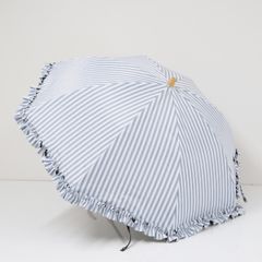 美品 サンバリア100 フリルストライプ ブルー 木ストレート手元 2段折