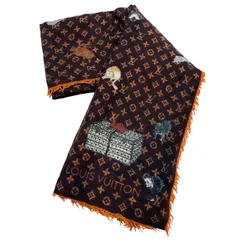 美品 LOUIS VUITTON ルイヴィトン ストール ショール 大判 モノグラム エトール キャットグラム 総柄 ウール シルク混 ブラウンのサムネイル