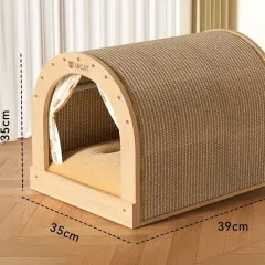 【新品】猫ハウス木製通気性猫ベッド、組み立て簡単、暖かくて寒さに強い、室内猫ハウス、ドーム型猫ベッド、爪とぎポスト付きの暖かい猫ベッド、おしゃれでかわいい、小型犬と猫向けに特別に設計、室内ペット用品。(丸いドア), S(39*35*35cm)ku1のサムネイル