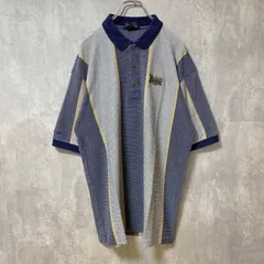 ANTIGUA　Nugget　半袖ストライプ柄ポロシャツ　ネイビー　グレー　レトロデザイン　ワンポイント刺繍　古着【値引き交渉OK！】のサムネイル