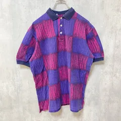 半袖総柄デザインポロシャツ　チェック　紫　パープル　ピンク　個性的　春夏服　レトロデザイン　Mサイズ　古着【値引き交渉OK！】のサムネイル