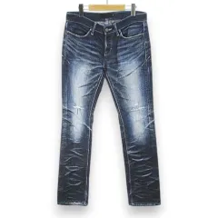 フーガ FUGA デニムパンツ ジーンズ ボタンフライ 46 紺系 ネイビー インディゴ 日本製 ダメージ加工のサムネイル