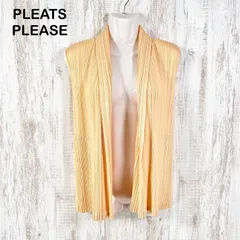 美品 PLEATS PLEASE ISSEY MIYAKE プリーツプリーズ イッセイミヤケ ショールカラー プリーツ ジレ オレンジ ロングベストのサムネイル